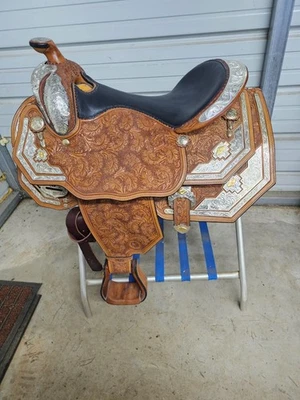 A Used 16" Circle Y Show Saddle with Tooling and Silver all Over It #1926 - Image 1 of 4