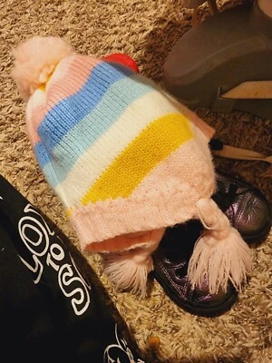 Carter's toddler girl 12 to 24 month rainbow pink pompom winter beanie hat - Image 1 of 4