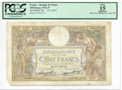 France 1937 100 Francs P78c PCGS F15 Apparent - Image 1 of 4