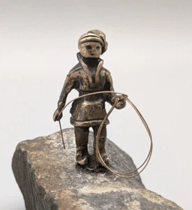 Swedish Silver Sami Sculpture on Rock, Reindeer Herder w Rope, MGAB Uppsala - Picture 1 of 17
