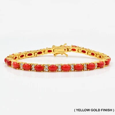 Brazalete Tenis Piedra Natal Julio Plata de Ley 925 Cabina Coral Natural 6x4 MM. Foto 1 de 4