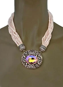 Classy Retro 1940S Inspired Pink Glass Iridescent Crystal Statement Necklace - Picture 1 of 4
