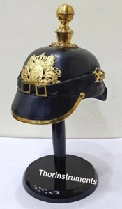 Brass German Armor Ball Spike Officer Pickelhaube Leather Helmet W/ Black Stand - Picture 1 of 3