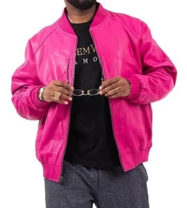 Men's Pink 100% Pure Lambskin Leather Bomber Jacket Baseball Varsity Style - Picture 1 of 6