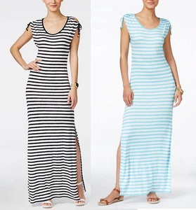 NWT $98 MICHAEL KORS Shoulder-Tie Striped Maxi Dress Black or Turquoise Petite S - Picture 1 of 8