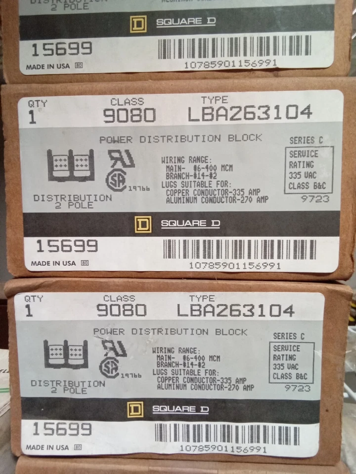 New - In Box -Sq. D - LBA263104 - 2 Pole - Power Distribution Block - 600V -335A - Image 1 of 1