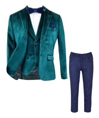 Traje de terciopelo formal de boda fiesta de boda para niños con parches en el codo en verde Foto 1 de 2