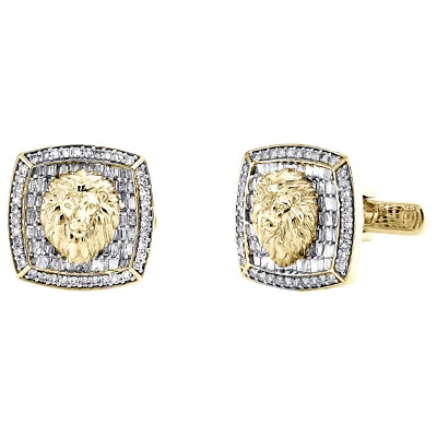 Gemelos cabeza de león 3D marco cuadrado diamante baguette oro amarillo 10K 1,25 quilates Foto 1 de 4