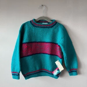 Handmade Knit NWT Girls Green and Pink Crewneck Sweater Size 6 - Picture 1 of 10