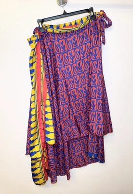 Falda envolvente de seda GRANDE colorida azul roja geométrica dobladillo asimétrico boho hippie Foto 1 de 4
