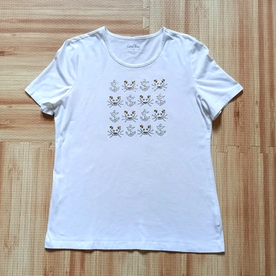 Coral Bay Top Womens Medium White Nautical Theme Embellished Crabs Anchors - Image 1 of 4