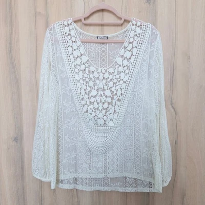 Sombra Feminina Renda Crochê Top Tamanho G Creme Manga Longa Boho Fada Transparente - Imagem 1 de 4