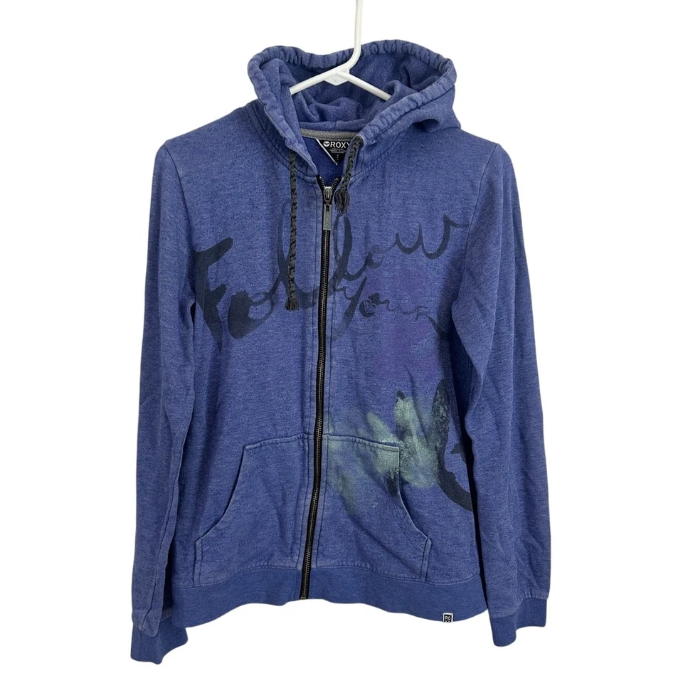 ROXY Y2K Blue Zip Up Hooded Graphic Sweatshirt - Size Medium - Image 1 of 4