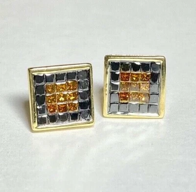 14k Yellow Gold Square Earrings with 1.4cts Black and Red Diamonds NEW - Image 1 of 4