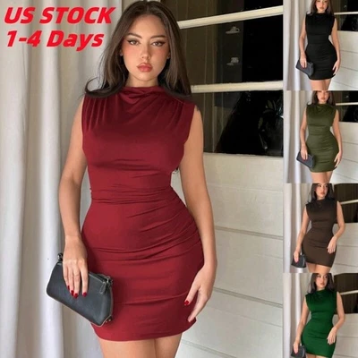 Women Summer Sexy Tank Ruched Bodycon Sleeveless Elegant Club Party Mini Dresses - Image 1 of 4
