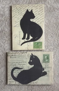 Vtg Black Cat On Post Card Canvas Wall Art Unframed Set Of 2 Signed Retro Decor - Picture 1 of 24