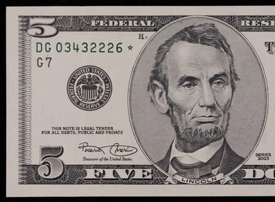 $5 2003 GEM CU Star Federal Reserve Note DG03432226* five dollar, LOW 320K Run 2 - Image 1 of 3