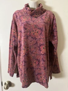 Liz Sport Top Gr. L 75% Baumwolle Velour Langarm Blumen Mock Rollkragen Lila - Bild 1 von 10