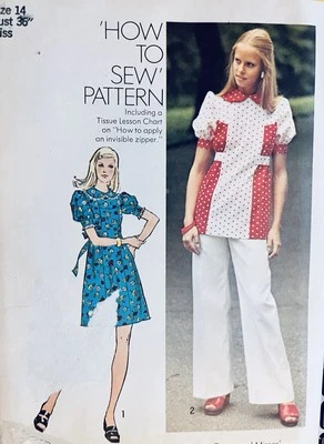 VTG`73 Simplicity 6102 Mini Dress Top & Wide Leg Pants Misses SZ 14 Bust 36 FF - Image 1 of 4