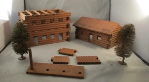 2 wood log style buildings & 2-5” plastic trees used good condition - Picture 1 of 13