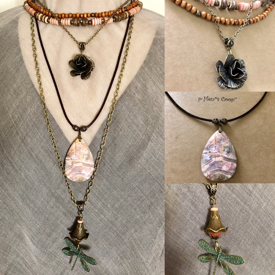 Necklace 3 Pc Set Crazy Lace Teardrop & Dragonfly Rose OOAK Artisan USA 1653 - Image 1 of 4