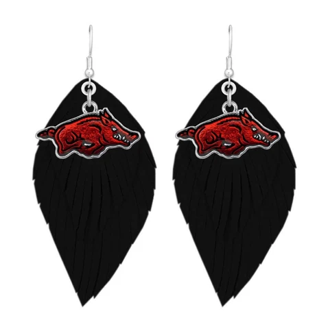 Arkansas Razorbacks Red Black Boho Leather Feather Wire Earrings Jewelry Gift UA Cover