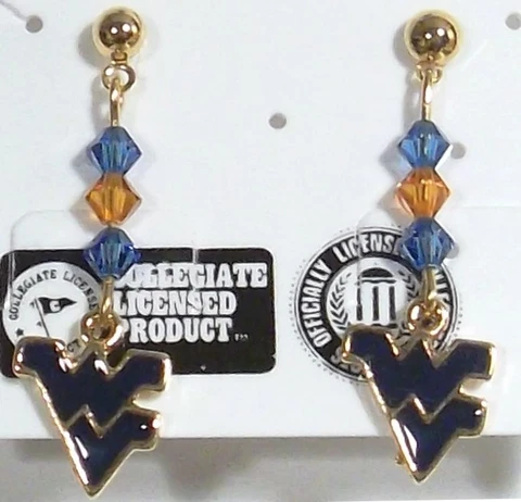 NCAA West Virginia Mountaineers Blue Dangle Earrings 6 Crystals Gold Pl USA NEW Cover
