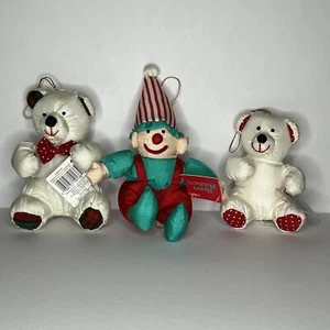 NWT Vintage Gibson Puffy Shiny Plush Bear and Clown Ornaments Set of 3 Holiday - Picture 1 of 6