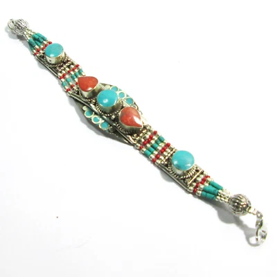 Turquoise Coral Ethnic Bracelet Statement With Gemstones Boho Bracelet Jewelry - Image 1 of 4