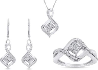 Conjunto de aretes, colgantes y anillos de derivación de diamantes naturales de 1/4 quilate collar de 18" Foto 1 de 4