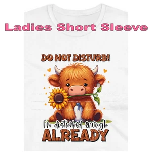Highland Cow Cartoon Do Not Disturb .. Disturbed Already Funny Ladies T Shirt - Picture 1 of 4