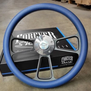 14" Black Steering Wheel Blue Wrap Polished Licensed Chevy Bowtie Horn - Picture 1 of 5