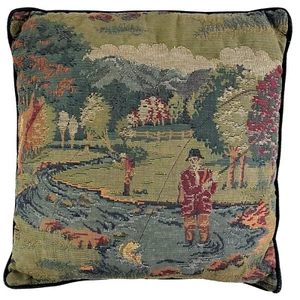 Tapestry Pillow Pictorial European Countryside Landscape Fly Fishing River 12x12 - Picture 1 of 17