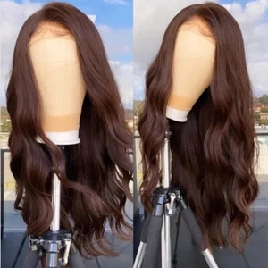 Layered Dark brown Long Wavy HD T Lace Front Wig Heat Resistant Synthetic Hair - Picture 1 of 8