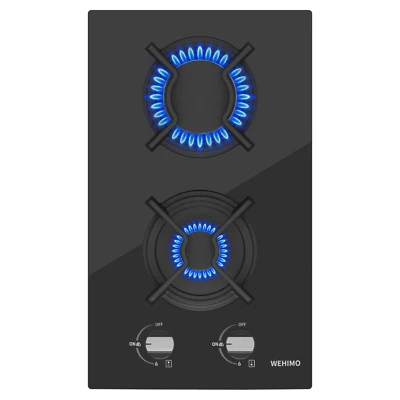 WEHIMO Gaskochfeld Einbau Kochfeld Glas Gaskocher 2 flammig Autark LPG / Edrgas Schwarz