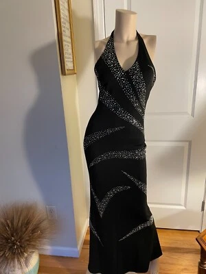 Vestido largo negro adornado sin mangas con cuello halter vintage de diseñador Lillie Rubin Foto 1 de 4