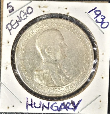 1930 Hungary 5 Pengo Silver Coin of 10th Anniv of Regency of Admiral Horthy  EF - Image 1 of 2