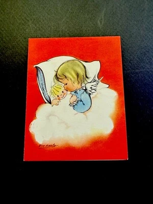 1 VTG Crestwick Xmas Greeting Card By Eva Harta Cute Angel Sleeping W/ Her Doll - Image 1 of 3