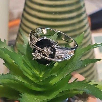 Anillo estrella fugaz de ónix negro - circonita cúbica talla 10 plata de ley  Foto 1 de 4