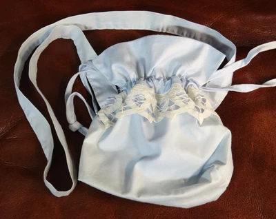 Vintage LIGHT BLUE DRAWSTRING PURSE BAG White Battenberg Lace Trim LITTLE GIRLS - Image 1 of 3