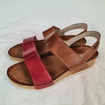 Pikolinos Mahon Coral And Brown Leather Wedge Sandals Size 8.5* Comfort Strap - Image 1 of 4