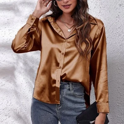 Blusa de satén de seda para mujer manga larga camisa abotonada informal top suelto Foto 1 de 2