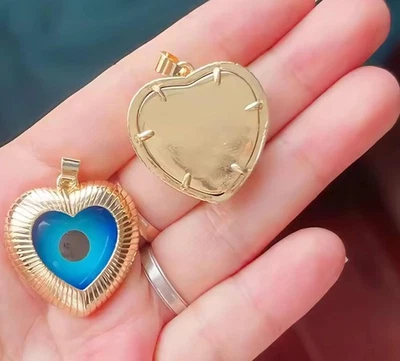 Real Chapado en Oro 18k Azul Corazón Ojo Suerte Amuleto Turco Suerte Colgante Regalo Foto 1 de 3