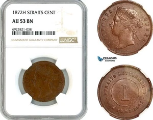 AK730, Straits Settlements, Victoria, 1 Cent 1872 H, Heaton Mint, NGC AU53BN - Picture 1 of 1