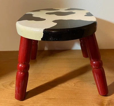 Wooden Step Stool Hand Painted Cow Black/Cream/Red Country Decor Farmhouse - Image 1 of 4
