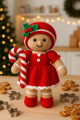 Knitting Pattern Gingerbread Girl Christmas Ragdoll Festive Knitted Toy DK 35cm - Image 1 of 3