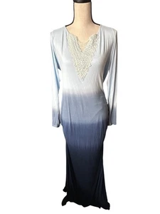 Venus Blue Ombre Long-Sleeve Maxi Dress With Lace-Up Neckline Ruched Side XL - Picture 1 of 6