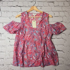 Lucky Brand Cotton Metallic Fourth Of July 4th Floral Print Blouse New Size Sm - Picture 1 of 10