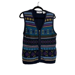 White Stag Navy Blue Floral Embroidered Full Zip Sleeveless Sweater Vest Women L - Picture 1 of 10