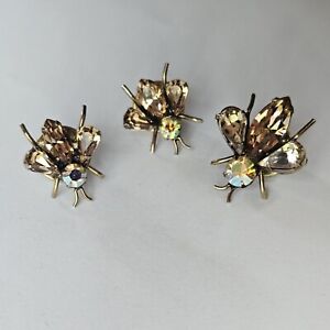 Regency Signed Insects Bugs Scatter Pins Set Brooches Brown Topaz Ab Rhinestone